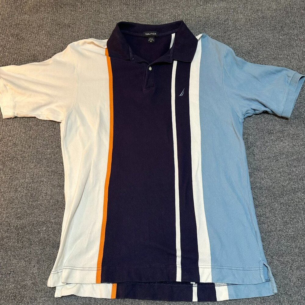 Vintage Nautica Stripped Polo 100% Cotton Short Sleeve Blue & White XL